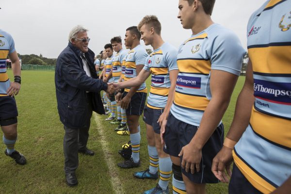 All Blacks legend Bryan 'BG' Williams meets the players of the 1st XV of Mt Albert Gammar on the BG Williams Field at Mt Albert Gammar, which has been named after the All Blacks legend.     20  May  2017  New Zealand Herald photograph by Brett Phibbs